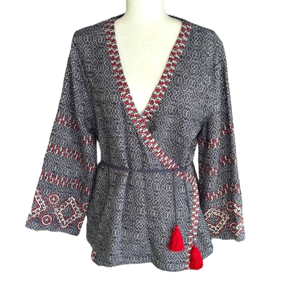 Anthropologie Navy Geometric Wrap Blouse with Red Tassel Trim